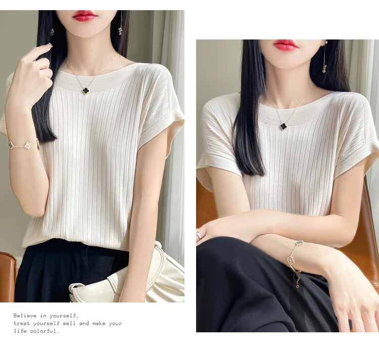 Summer Thin Ice Silk Knitted Loose T-Shirt Women's Short Sleeve Versatile Top Breathable Cool Feeling Pure Color Basic Fit