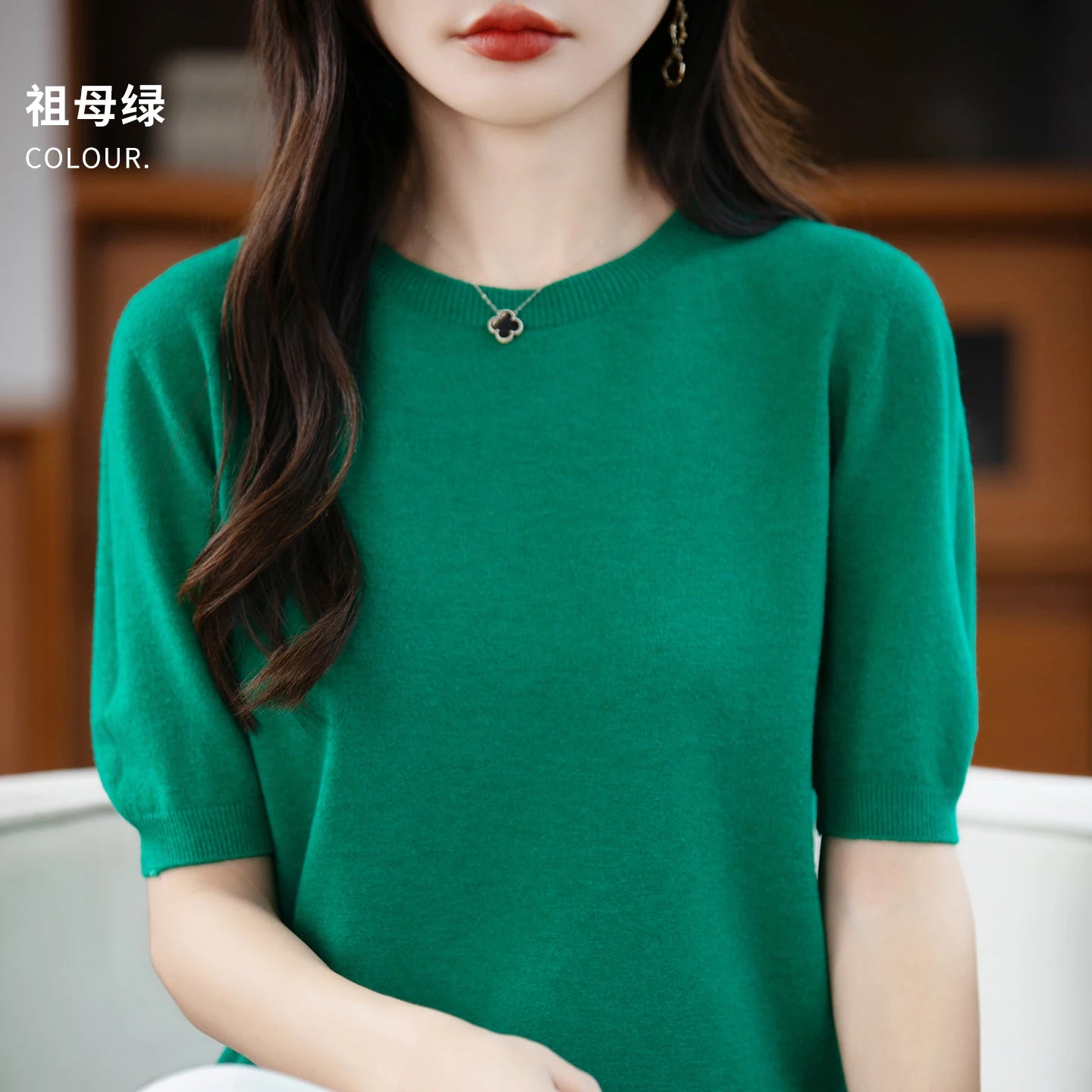 Fall/winter women's O-neck basic warm casual pullover fashion short sleeve 100% wool 22-color knitted sweater.