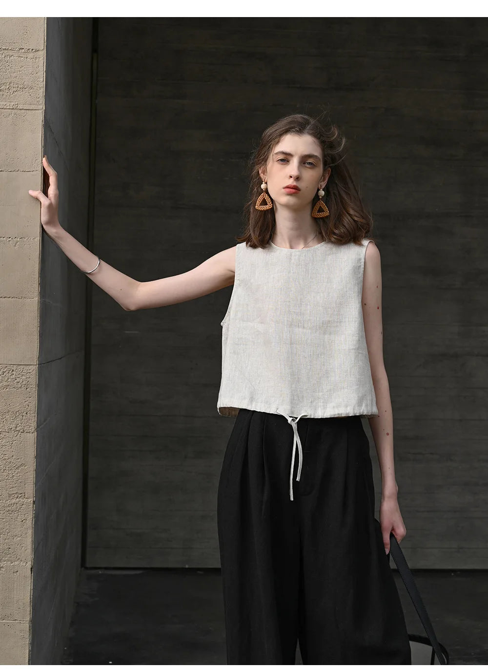 100% Linen Tank Top Women 2026 Summer Breathable Short Tops Sleeveless Casual Loose Cotton Linen Drawstring Crop Tops