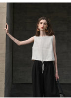 100% Linen Tank Top Women 2026 Summer Breathable Short Tops Sleeveless Casual Loose Cotton Linen Drawstring Crop Tops