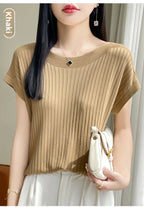 Summer Thin Ice Silk Knitted Loose T-Shirt Women's Short Sleeve Versatile Top Breathable Cool Feeling Pure Color Basic Fit