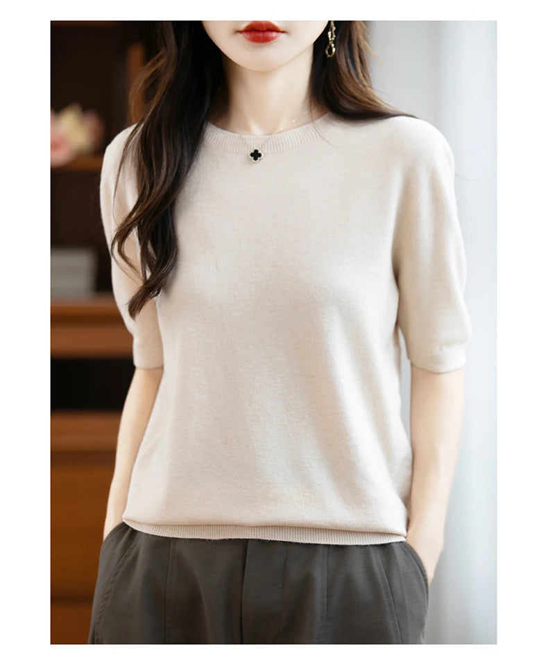 Fall/winter women's O-neck basic warm casual pullover fashion short sleeve 100% wool 22-color knitted sweater.