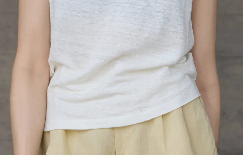 100% Hemp Knitted Thin Tank Top For Women Solid Color Summer Round Neck Sleeveless New Breathable Tops White Tops