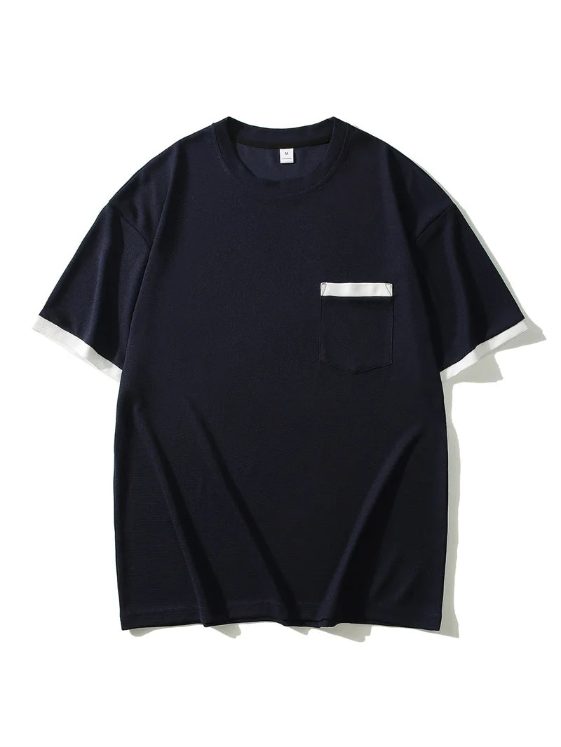 summer Casual breathable Men Tops Patchwork pocket sports pullover Textured Male Loose round collar short sleeve men T-shirts