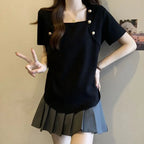 Women Plus Size Square Neck Ice Silk Irregular Hem Short Sleeve T Shirt Loose Slimming Casual Summer Top