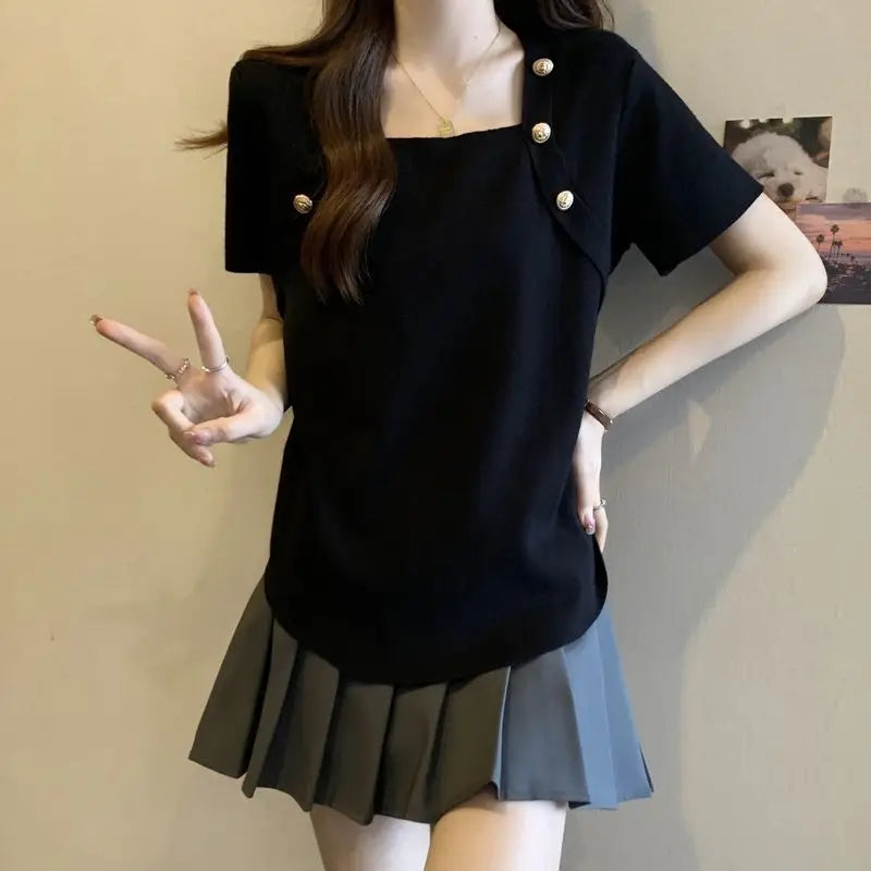 Women Plus Size Square Neck Ice Silk Irregular Hem Short Sleeve T Shirt Loose Slimming Casual Summer Top