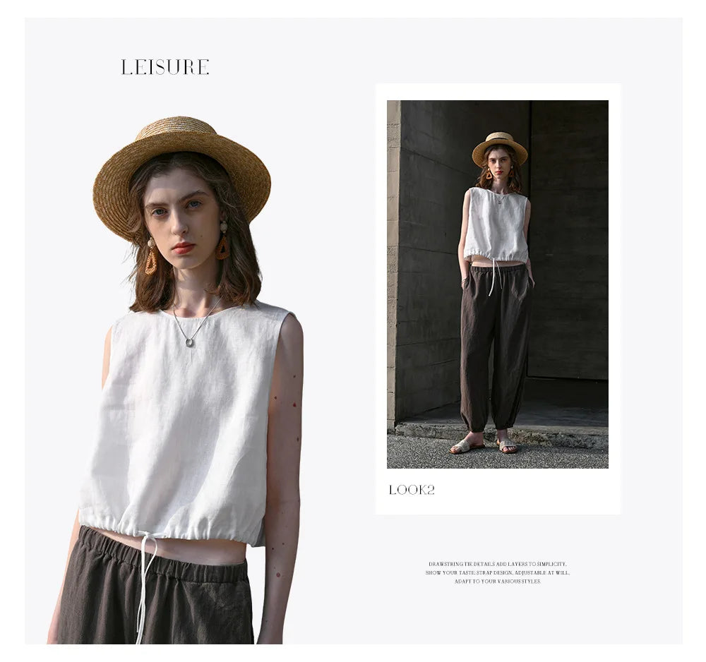 100% Linen Tank Top Women 2026 Summer Breathable Short Tops Sleeveless Casual Loose Cotton Linen Drawstring Crop Tops