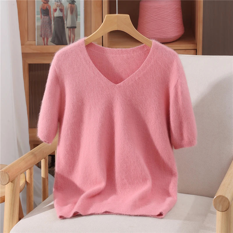 Women's 100% pure mink cashmere V-neck sweater T-shirt solid color knitted fashionable versatile short sleeved pullover sweater