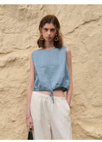 100% Linen Tank Top Women 2026 Summer Breathable Short Tops Sleeveless Casual Loose Cotton Linen Drawstring Crop Tops