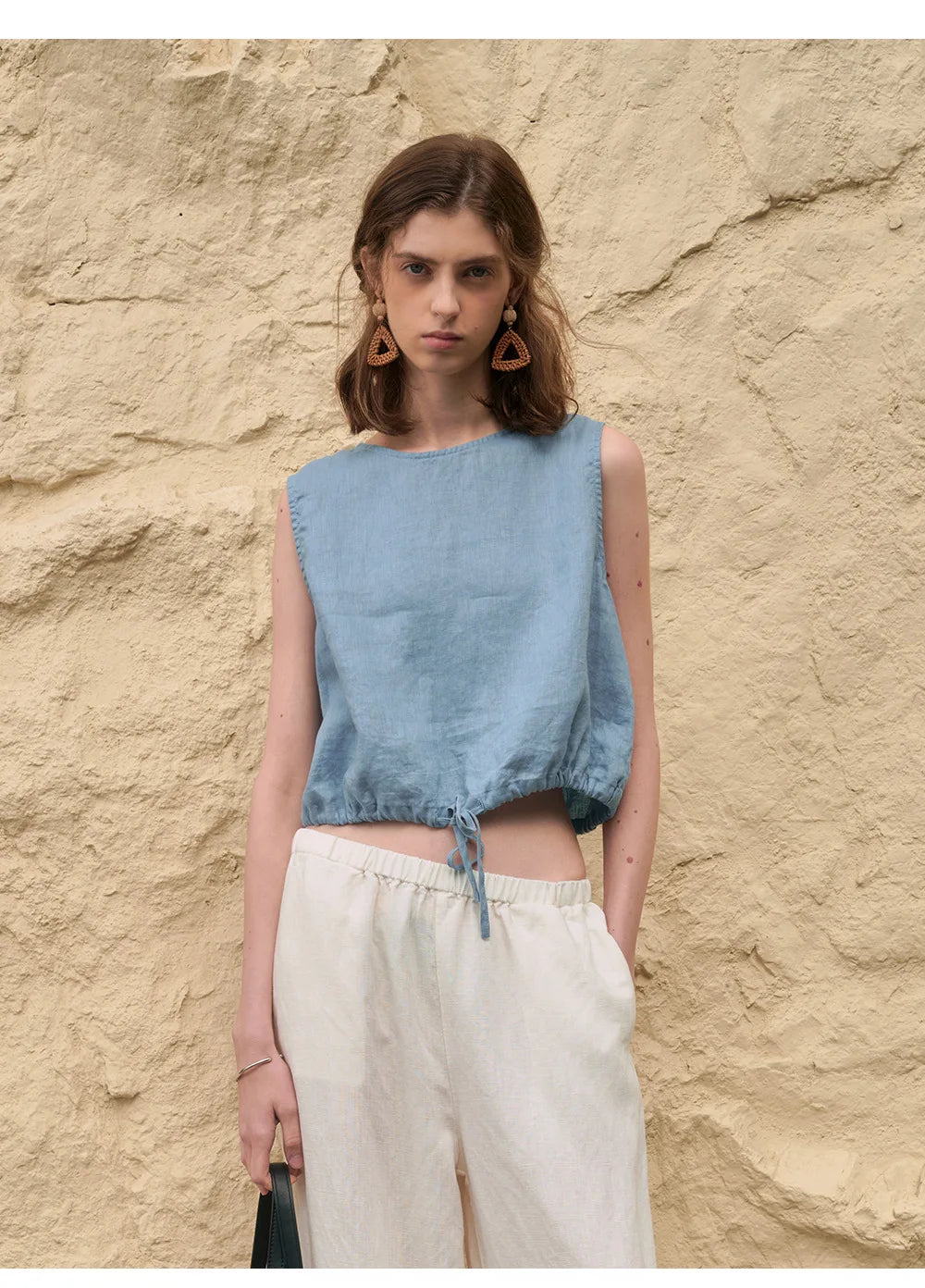 100% Linen Tank Top Women 2026 Summer Breathable Short Tops Sleeveless Casual Loose Cotton Linen Drawstring Crop Tops