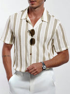 Vacation Casual Mens Knitted Shirts Short Sleeve Button-up Lapel Knit Shirt 2026 Spring Summer Stylish Patchwork Striped Shirts