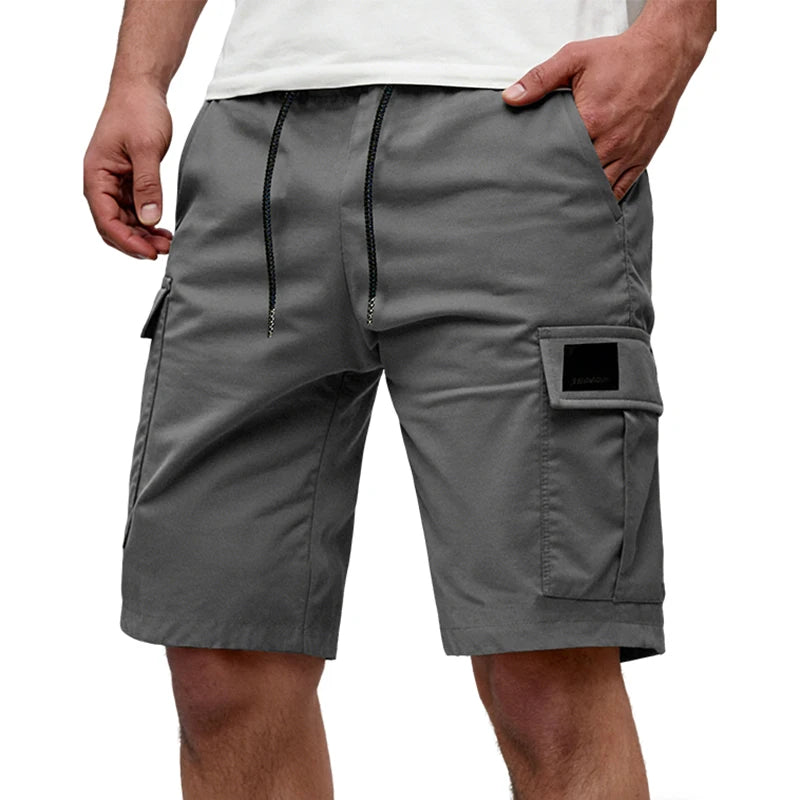 Men's Khaki Workwear Cargo Shorts Summer Multi-pocket Work Shorts With Drawstring Elastic Waist Solid Color Sports Fifth Pants