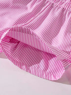Fashion girl pink and white striped round neck lace up bow ruffle edge+pink striped side butterfly shorts two-piece set