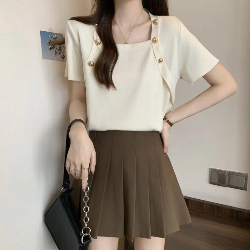 Women Plus Size Square Neck Ice Silk Irregular Hem Short Sleeve T Shirt Loose Slimming Casual Summer Top