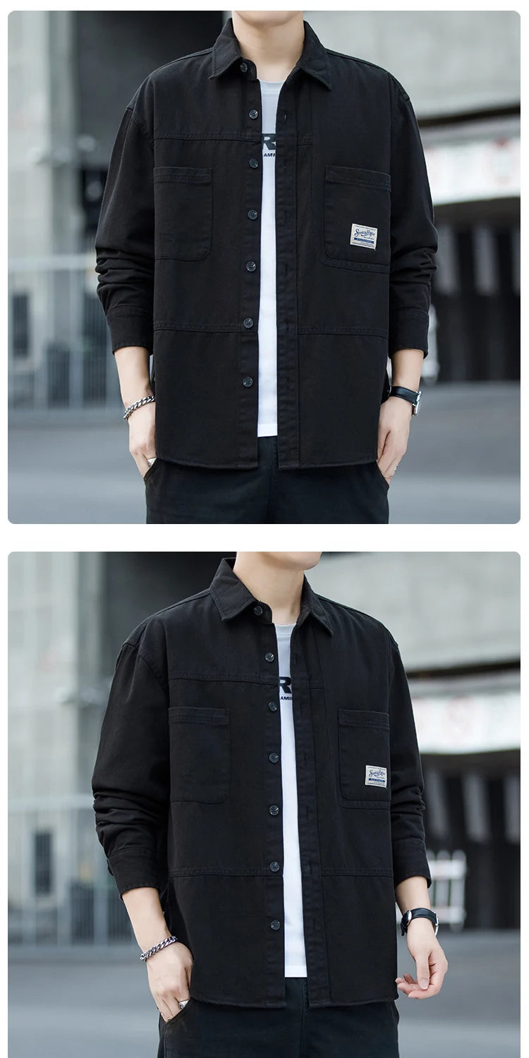 Men's Pure Cotton Long Sleeve Shirt Vintage Workwear Simple Style Autumn Winter New Arrival Casual Versatile Top Youth Fashion