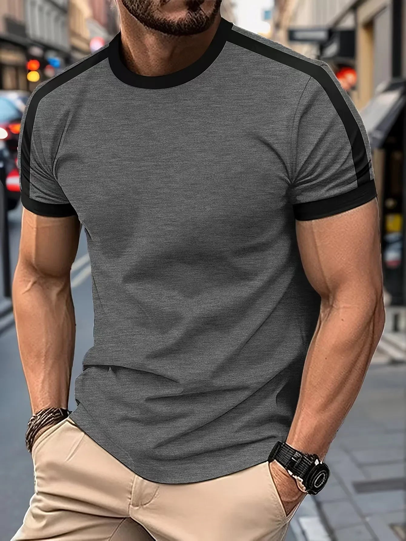 Men's Casual Short-Sleeved European and American Sports Fitness Contrasting Color Men's T-Shirt