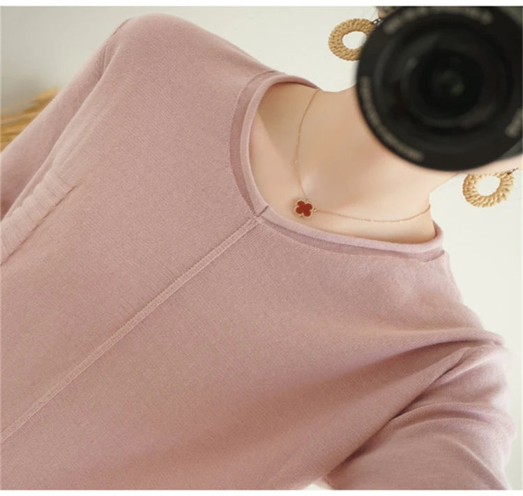 2023 Autumn/Winter Women's New Pullover Casual Solid 100% Cotton Knitted V-Neck Loose Sweater Fashion Soft Breathable Top