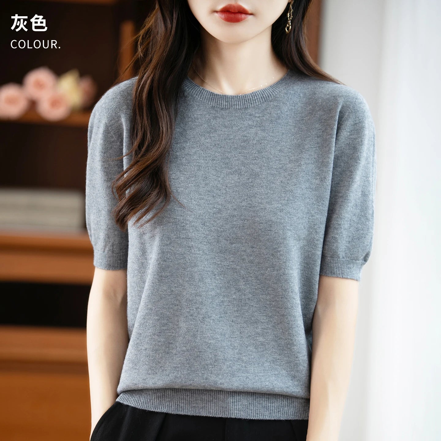 Fall/winter women's O-neck basic warm casual pullover fashion short sleeve 100% wool 22-color knitted sweater.