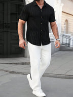 Vacation Casual Mens Knitted Shirts Short Sleeve Button-up Lapel Knit Shirt 2026 Spring Summer Stylish Patchwork Striped Shirts
