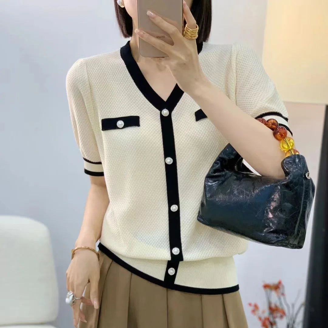 Elegant Short Sleeve V-Neck Knitwear Women's Summer Fashion Versatile Thin Korean Style Commute Wind T-Shirt Casual Pure Color