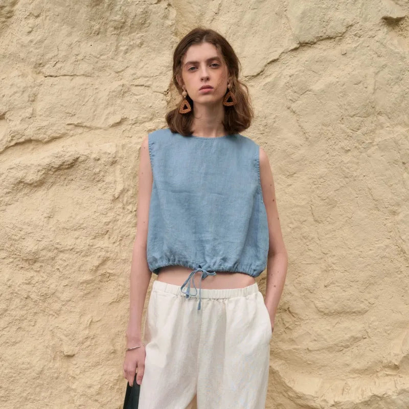 100% Linen Tank Top Women 2026 Summer Breathable Short Tops Sleeveless Casual Loose Cotton Linen Drawstring Crop Tops