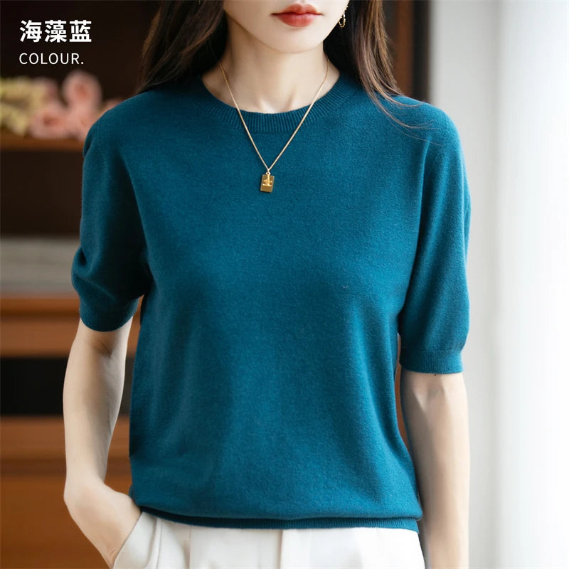 Fall/winter women's O-neck basic warm casual pullover fashion short sleeve 100% wool 22-color knitted sweater.
