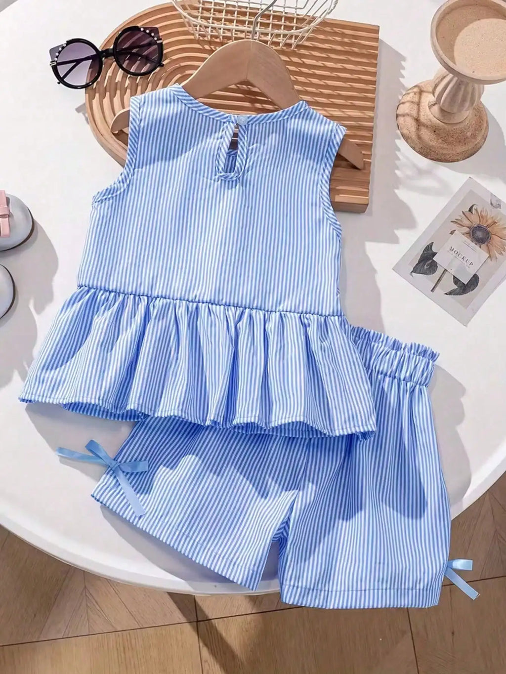 Fashion girl pink and white striped round neck lace up bow ruffle edge+pink striped side butterfly shorts two-piece set