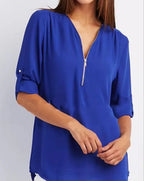 2025 Hot Sale Women Cool Loose Shirt Deep V Neck Chiffon Fashion Blouse Casual Ladies Tops Sexy Zipper Pullover Plus Size