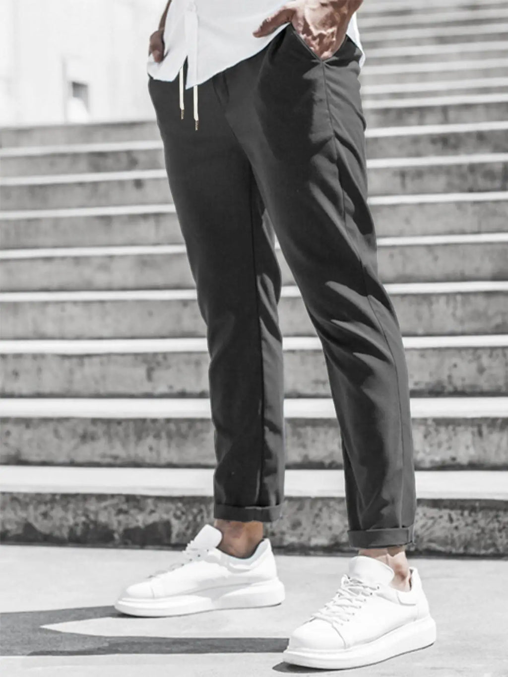 Men's Solid Color Casual Pants with Drawstring Waist Regular Fit Comfy Trousers with Pockets for Spring And Fall