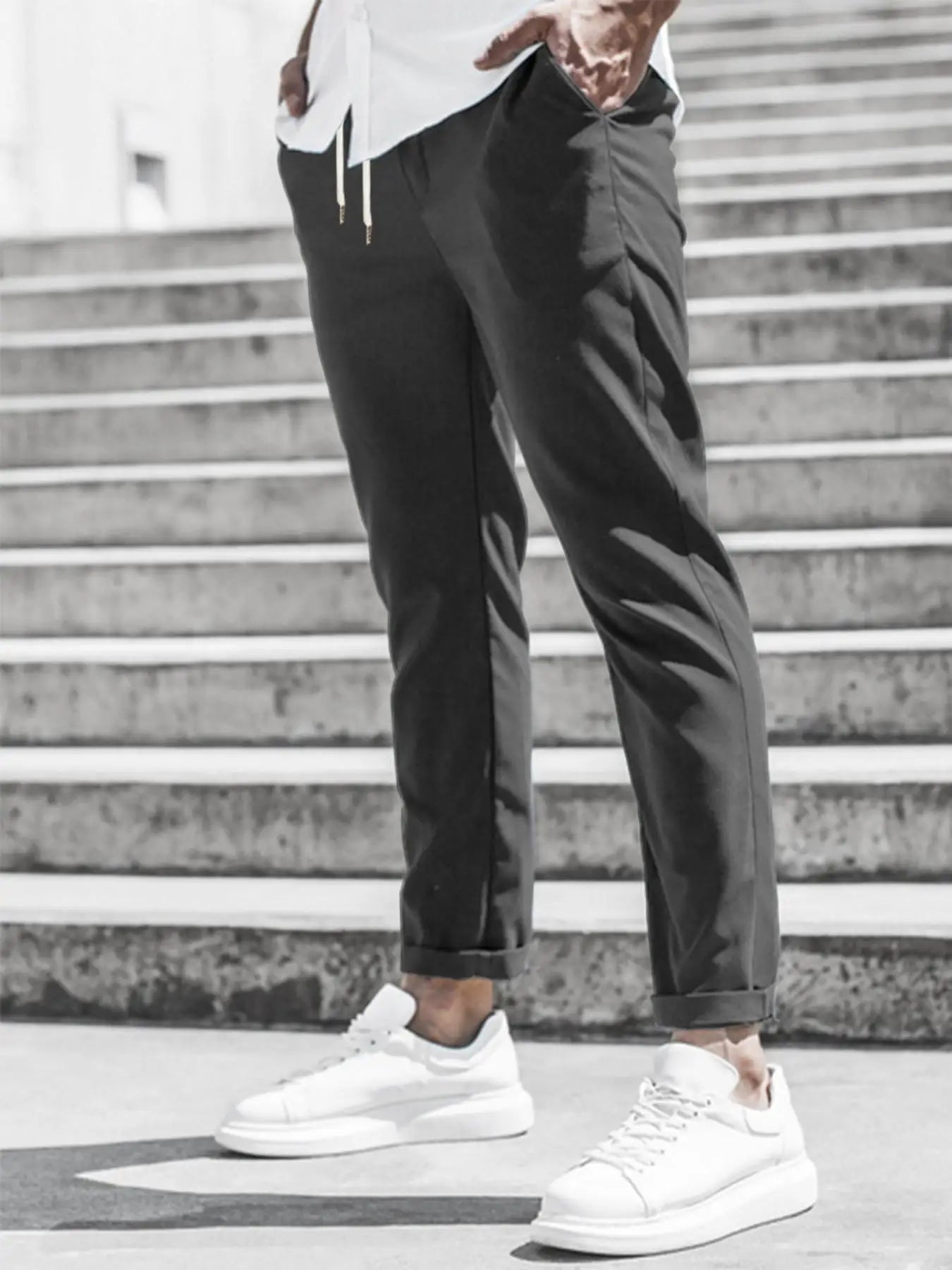 Men's Solid Color Casual Pants with Drawstring Waist Regular Fit Comfy Trousers with Pockets for Spring And Fall
