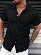 Vacation Casual Mens Knitted Shirts Short Sleeve Button-up Lapel Knit Shirt 2026 Spring Summer Stylish Patchwork Striped Shirts