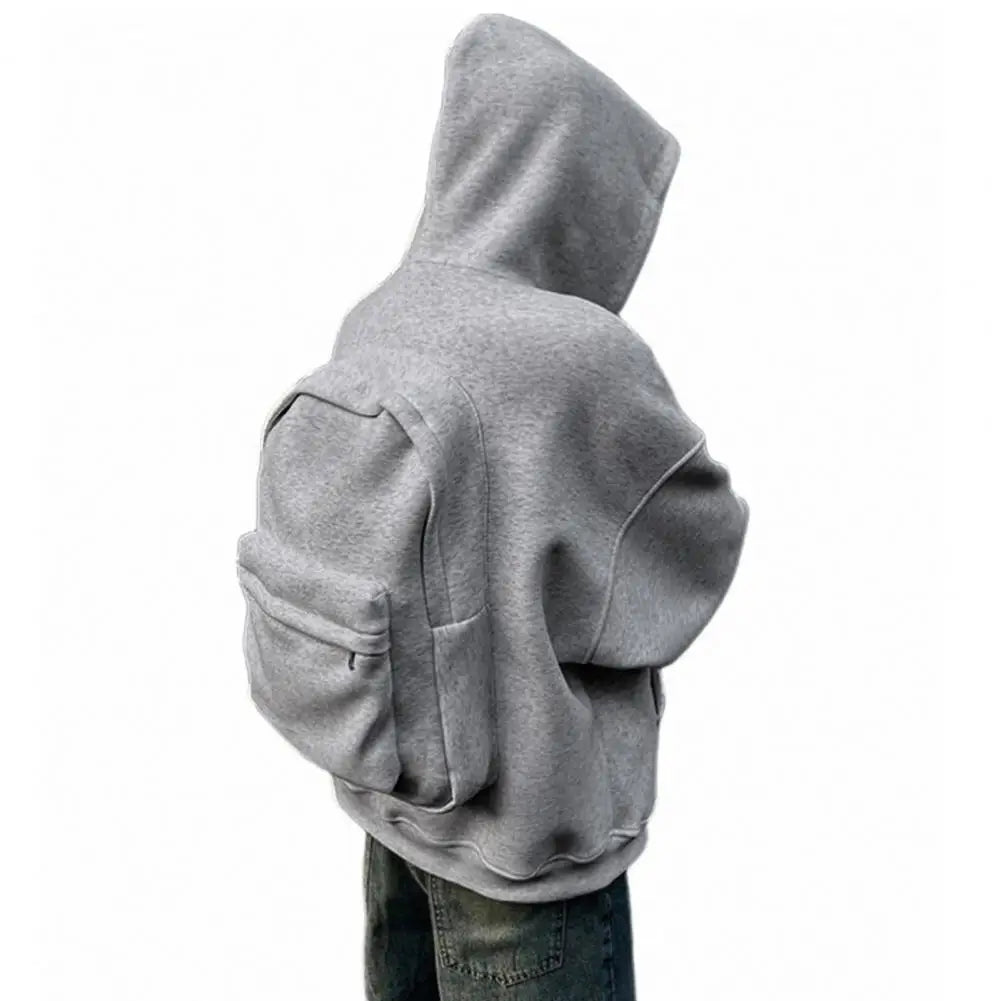 Men Backpack Sweatshirt Coat Long Sleeve Zipper Closure Hoodie with Schoolbag Design Solid Color Loose Fit Outerwear