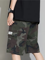 Men's camouflage workwear shorts with casual elastic waistband and drawstring design, classic work shorts with large pockets, co