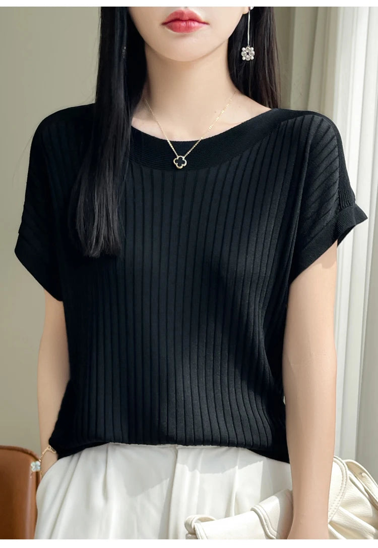 Summer Thin Ice Silk Knitted Loose T-Shirt Women's Short Sleeve Versatile Top Breathable Cool Feeling Pure Color Basic Fit