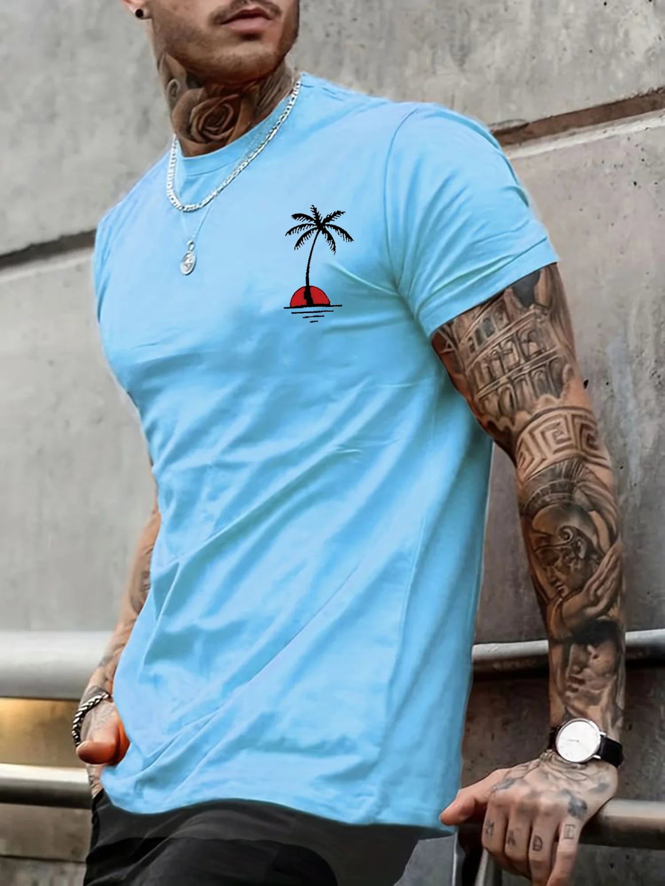 Men's Summer Casual Loose Size 100% Cotton Coconut trees Print Round Neck Short Sleeve T-shirt Top