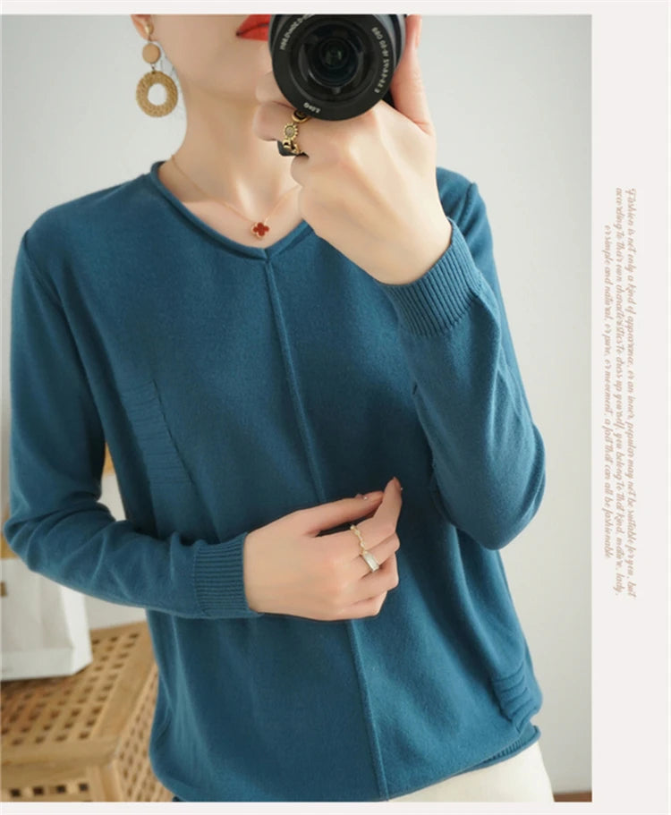 2023 Autumn/Winter Women's New Pullover Casual Solid 100% Cotton Knitted V-Neck Loose Sweater Fashion Soft Breathable Top