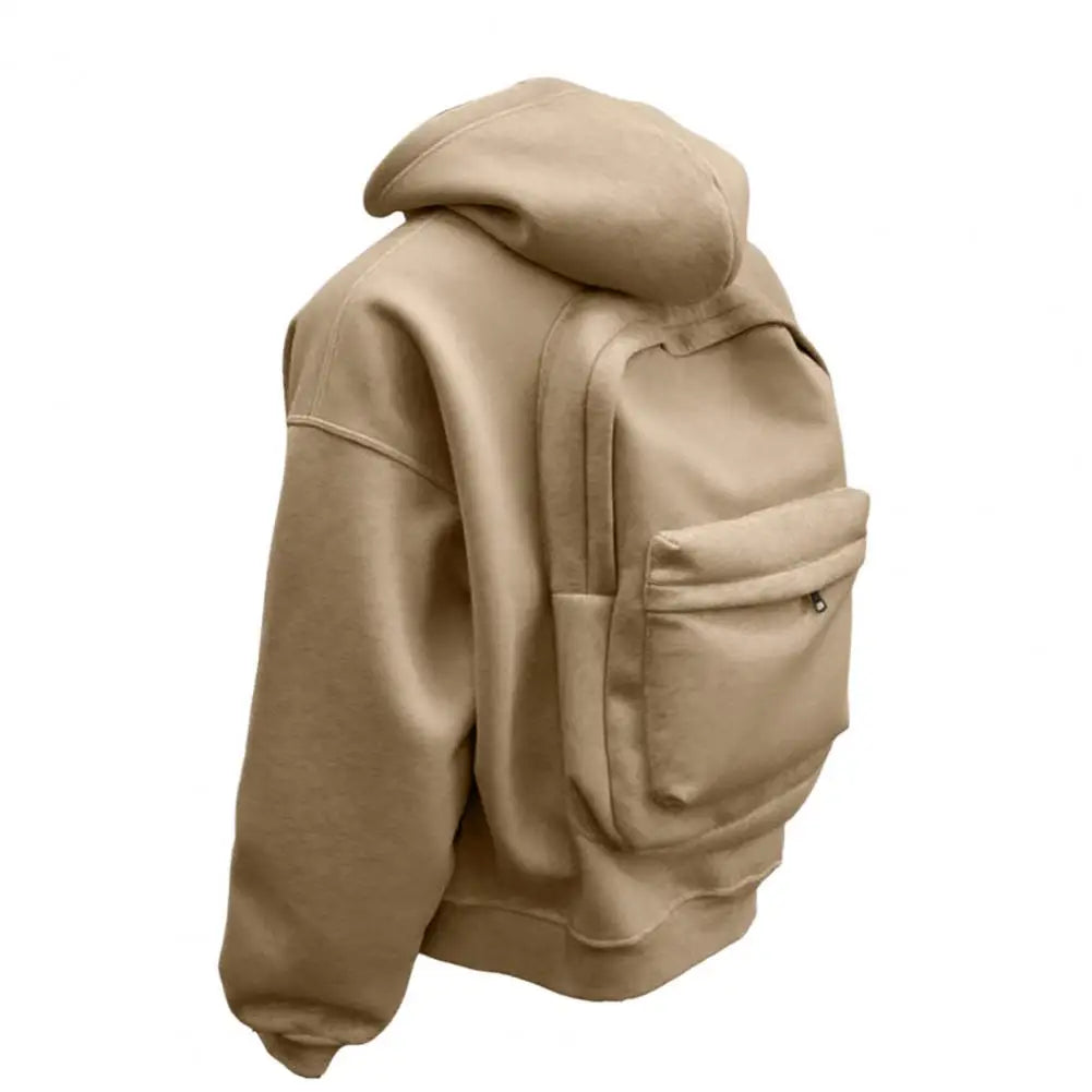 Men Backpack Sweatshirt Coat Long Sleeve Zipper Closure Hoodie with Schoolbag Design Solid Color Loose Fit Outerwear