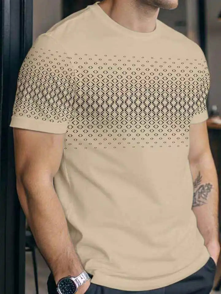 Men's Summer Thin Short Sleeve T-Shirt round Neck Print Polyester Fiber Square Pattern Men's Fashion Independent Station