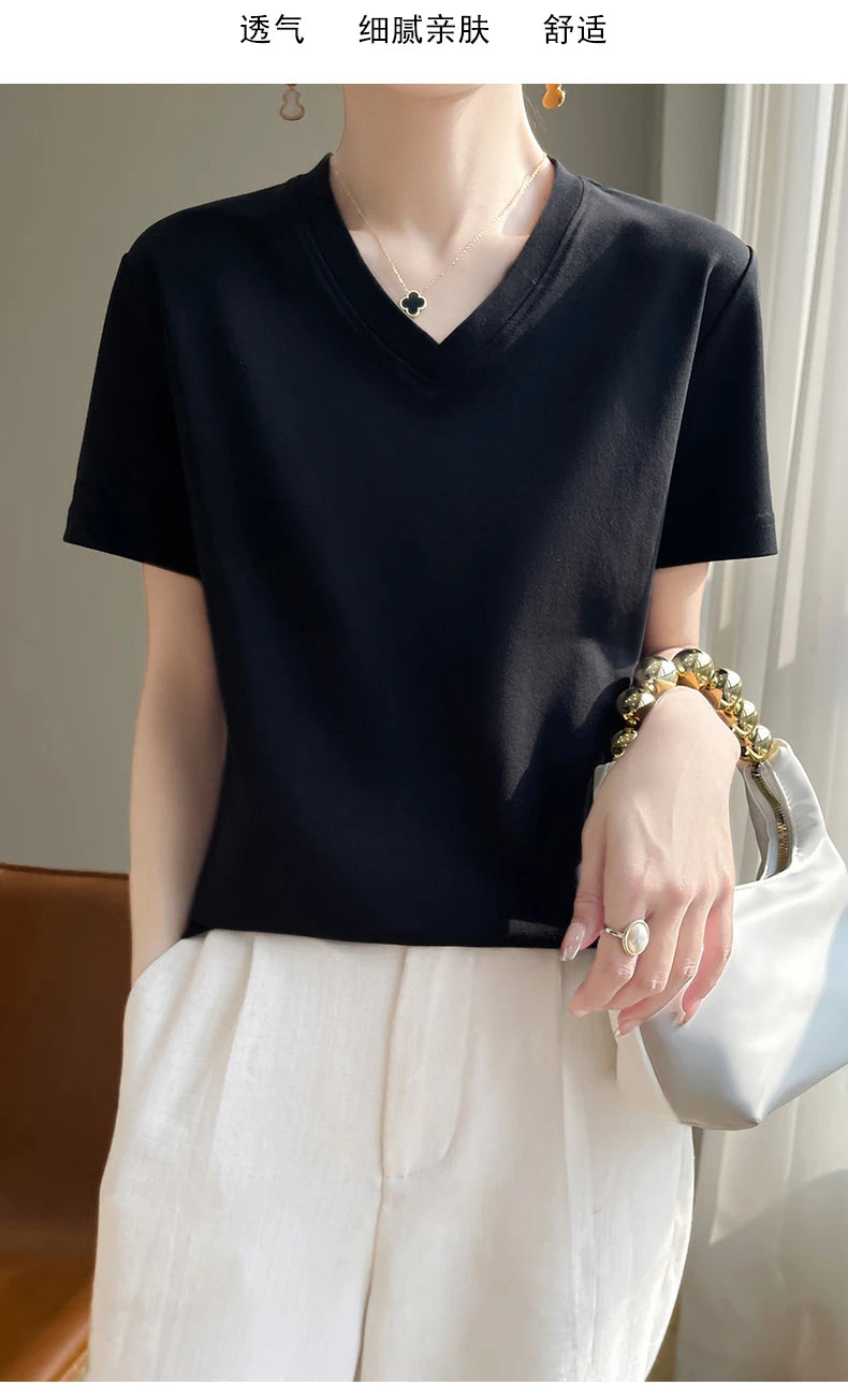 Summer V-neck 100% Cotton Short-Sleeved T-Shirt Women's Loose Mercerized Cotton Half-Sleeve Bottoming Shirt White High-end Top