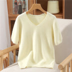 Women's 100% pure mink cashmere V-neck sweater T-shirt solid color knitted fashionable versatile short sleeved pullover sweater