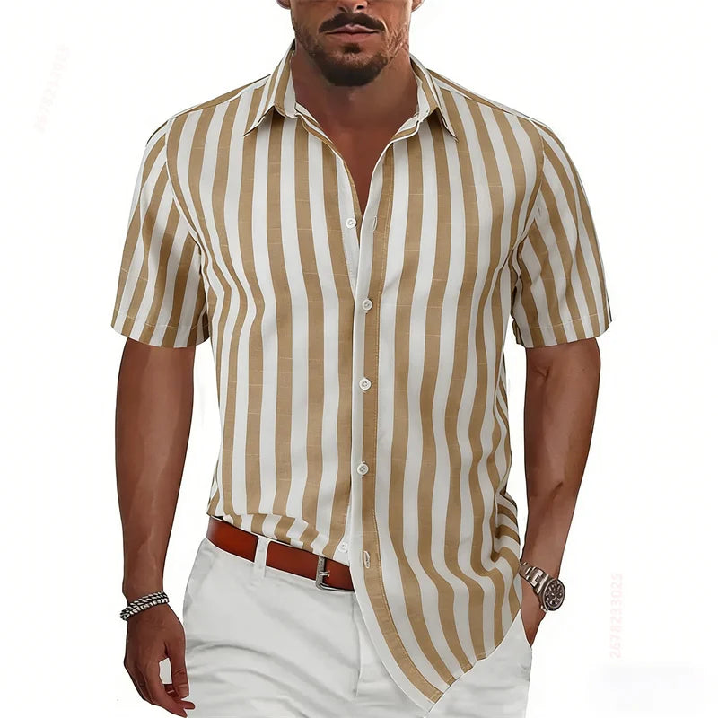 2026 Summer New Men's Striped Short-Sleeve Shirt, Multiple Colors Available, Outdoor Streetwear Casual Fashion Men's Top, XS-6XL