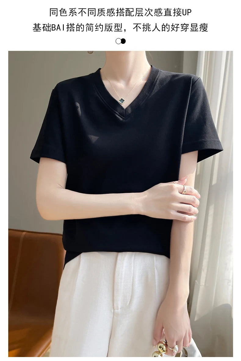 Summer V-neck 100% Cotton Short-Sleeved T-Shirt Women's Loose Mercerized Cotton Half-Sleeve Bottoming Shirt White High-end Top