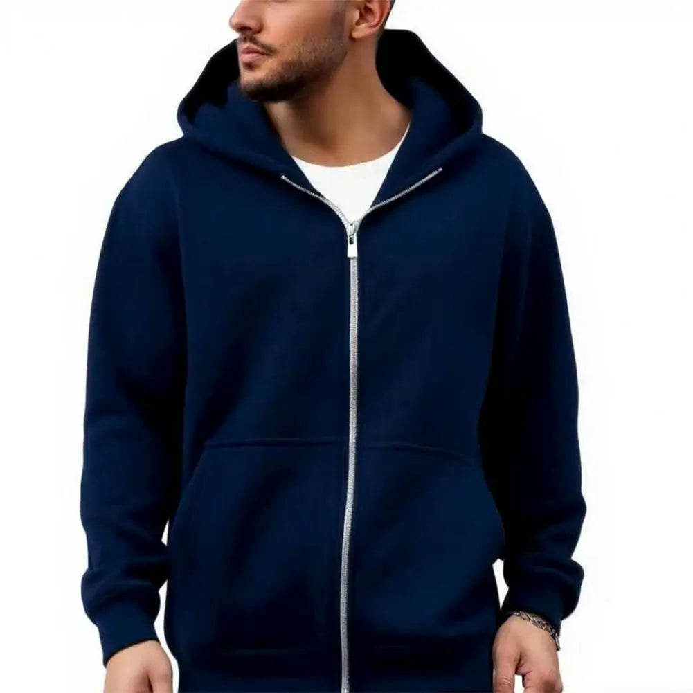 Men Backpack Sweatshirt Coat Long Sleeve Zipper Closure Hoodie with Schoolbag Design Solid Color Loose Fit Outerwear