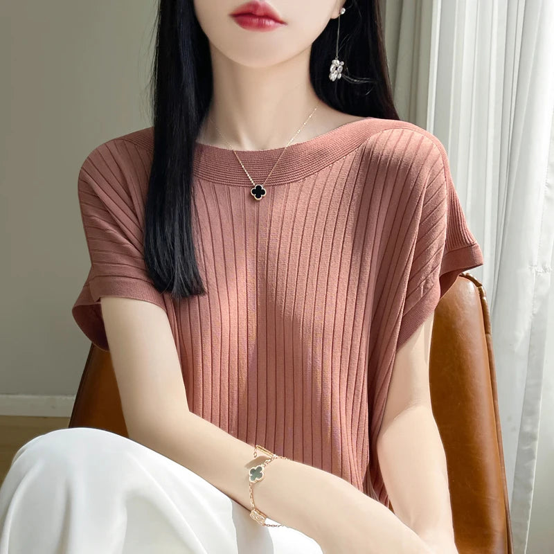 Summer Thin Ice Silk Knitted Loose T-Shirt Women's Short Sleeve Versatile Top Breathable Cool Feeling Pure Color Basic Fit