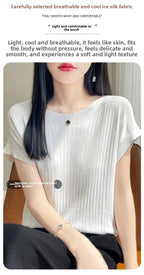 Summer Thin Ice Silk Knitted Loose T-Shirt Women's Short Sleeve Versatile Top Breathable Cool Feeling Pure Color Basic Fit