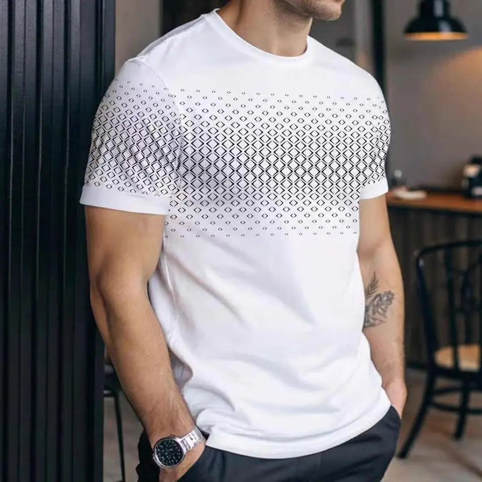 Men's Summer Thin Short Sleeve T-Shirt round Neck Print Polyester Fiber Square Pattern Men's Fashion Independent Station