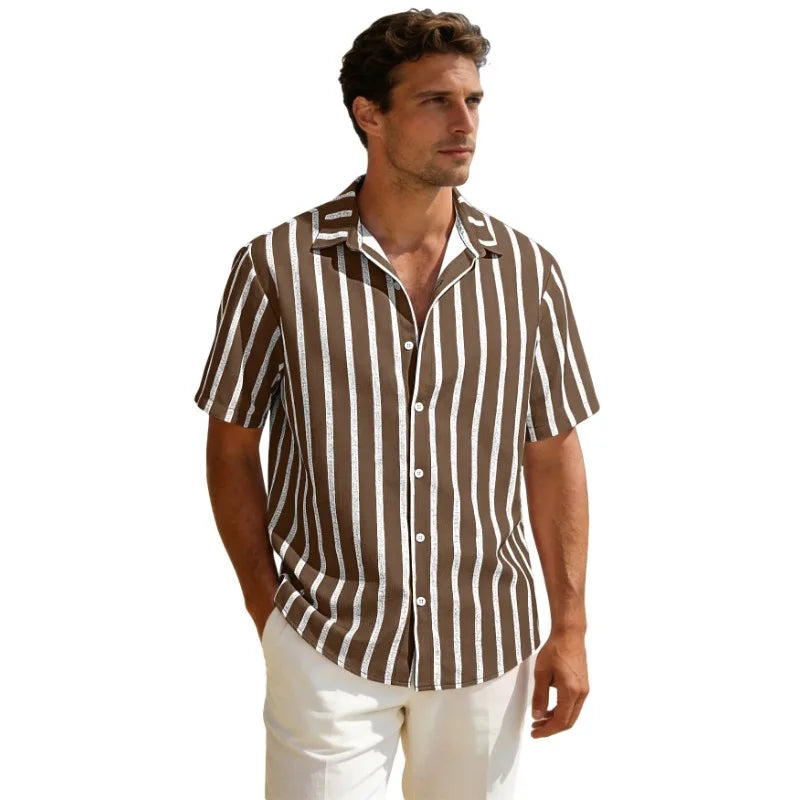 Summer new men's striped short sleeved shirt, men's casual versatile loose short sleeved shirt
