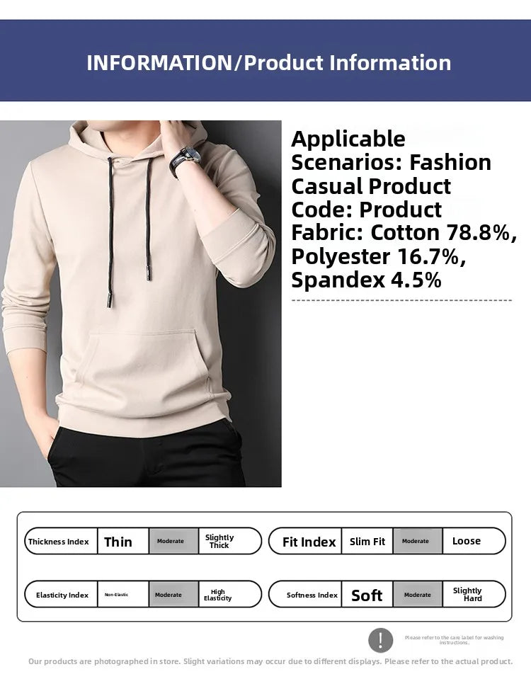 Spring Autumn Thin Pure Cotton Hoodie Men's Slim Fit Korean Sle Trendy  Color Long Sve T-irt Casual Comfortable