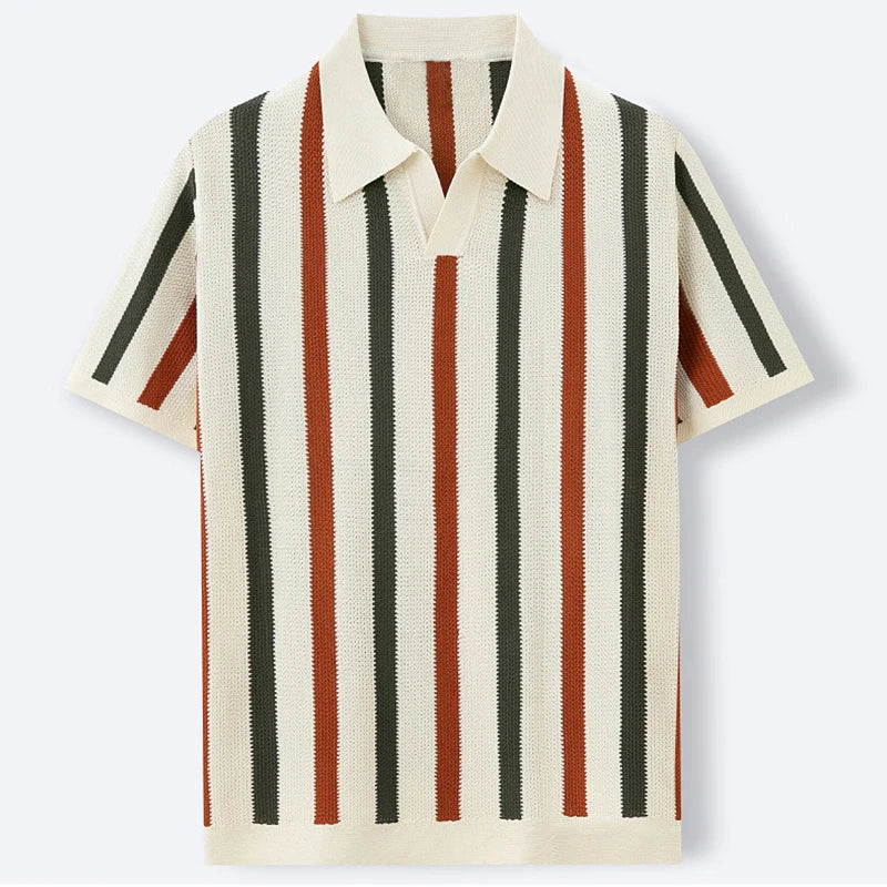 New American Chic Hollow Out Male Polo Shirts Trendy Striped Knitted V Neck Short Sleeve T-shirt High Street Breathable Knitwear