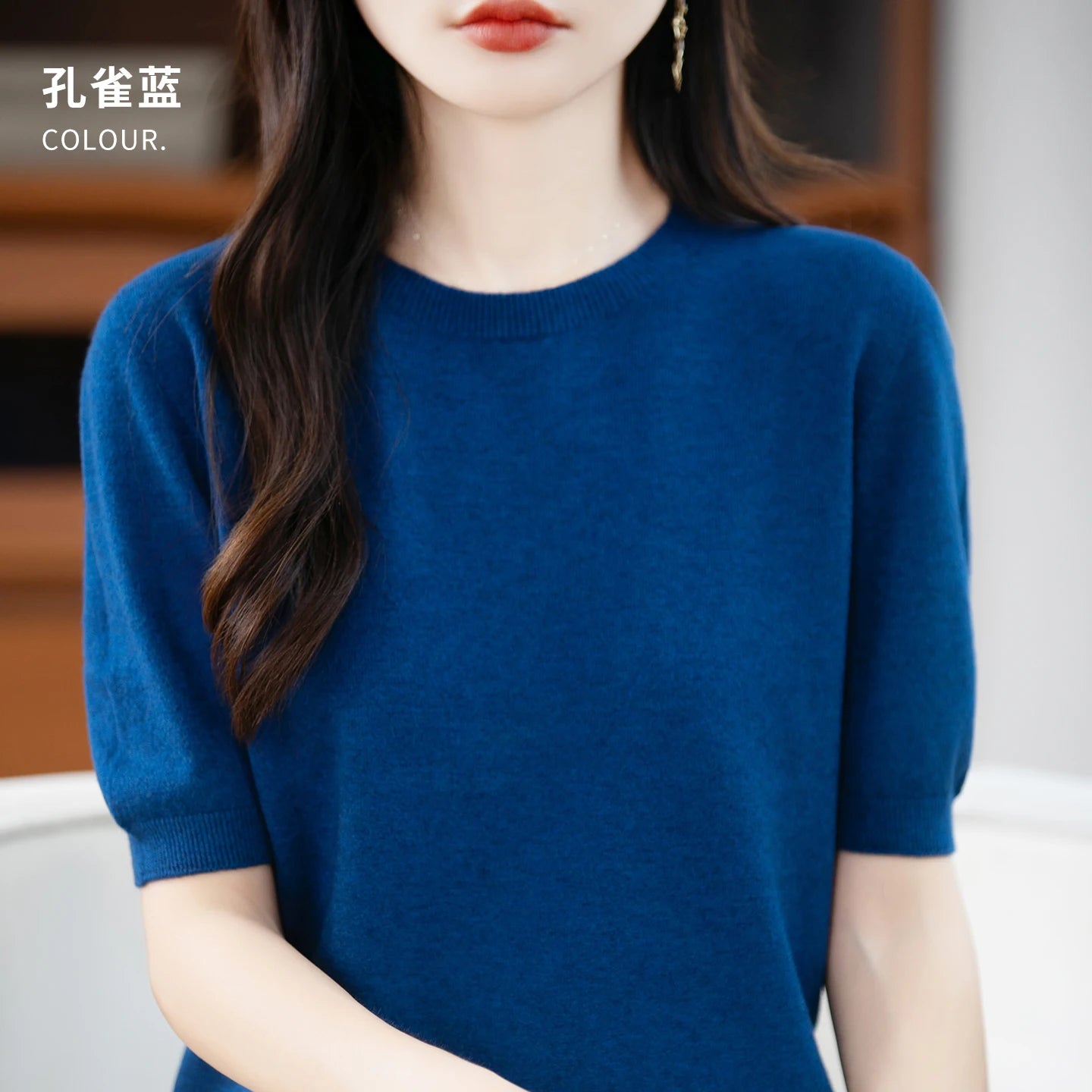 Fall/winter women's O-neck basic warm casual pullover fashion short sleeve 100% wool 22-color knitted sweater.